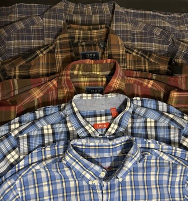 Lot of 5:  IZOD & Eddie Baur Large Mens Plaid Short Sleeve Button Down Linen