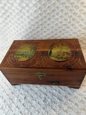 VTG Hand Carved Wooden Cedar Jewelry/Trinket Box W/ Mirror Hindged Lid