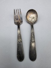 Vintage Holmes  Edward Baby Child Fork And Spoon Set Silver Plate Floral Design