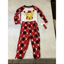 Pokemon Pikachu Kids Holiday Pajama Set Red Black Buffalo Plaid XS 4/5 NEW