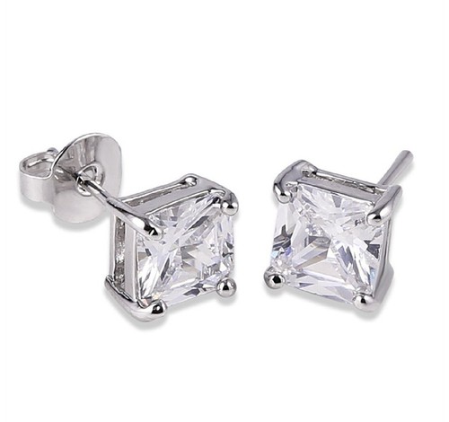 White gold finish Princess cut created diamond stud earrings 5mm - Picture 3 of 9