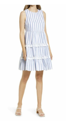 NWOT Eliza J Stripe Tassel Tier Cotton Dress 10 New Seersucker Fit Flare 