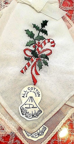 Christmas Handkerchiefs Pair Desco VTG Orig Pkg Candy Cane Cotton Lace Japan - Picture 2 of 9