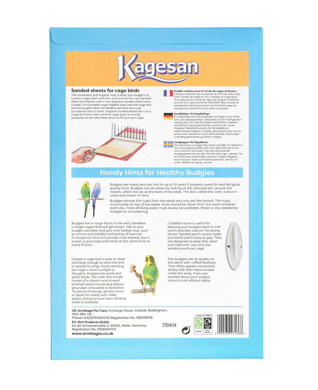 KAGESAN 40X25CM BULK BUDGIE BIRD CAGE SAND SHEETS 12X6 PACK BULK 72