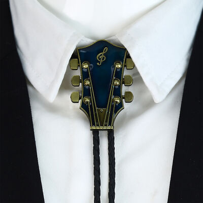 Mens Bolo Tie Vintage Western Cowboy GUITAR Alloy Necklace PU Rope Party Wedding