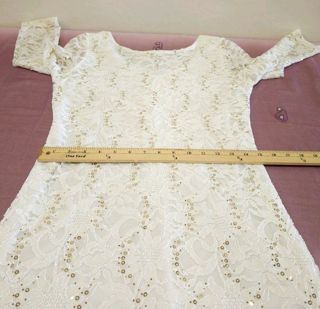 ONXY Nite Lace STRETCHY Bodycon Dress 8 Medium IVORY GOLD Sequins 3/4 Slv Lined image 9