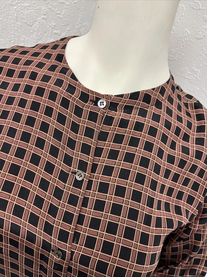 Vintage Calvin Klein Real Silk Brown Plaid Button Up Long Sleeve Dress Size 8 - Image 3 of 4