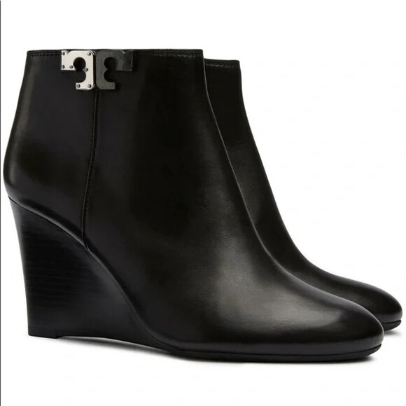 Tory Burch Leather Lowell Wedge Bootie, Black, Retail $448