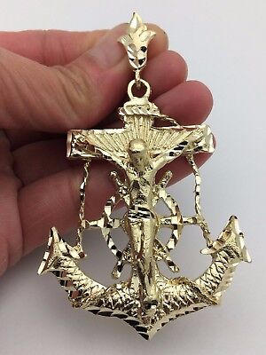14k Yellow Gold Solid Anchor Mariners with Jesus Crucifix Pendant 3