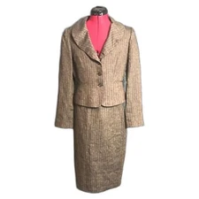 Antonio Melani Brown Pinstripe Linen Skirt Suit Size 8 2Piece Set Blazer & Skirt