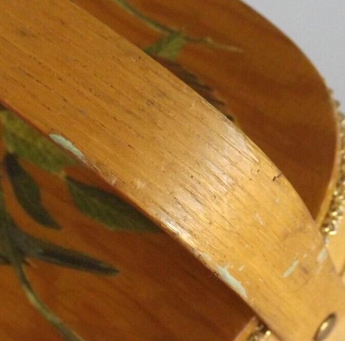 Vtg Woven Basket Purse Handbag w Birds Decoupage Wood Lid Lunch Box Style MCM - Picture 10 of 10