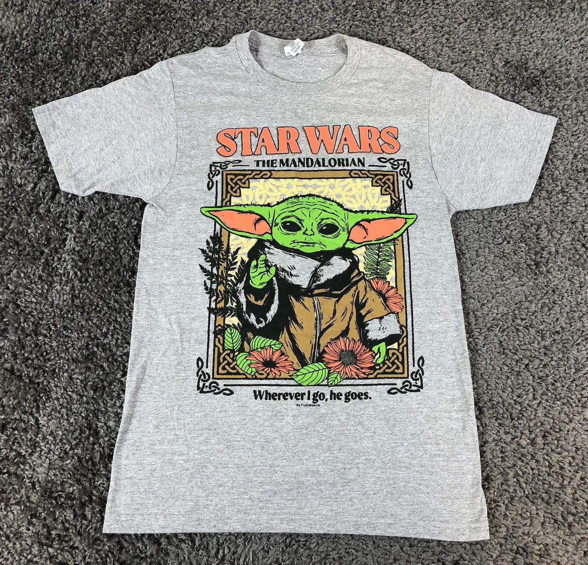 The Mandalorian T Shirt Womens Small Gray Baby Yoda Grogu Wherever I Go He  Goes