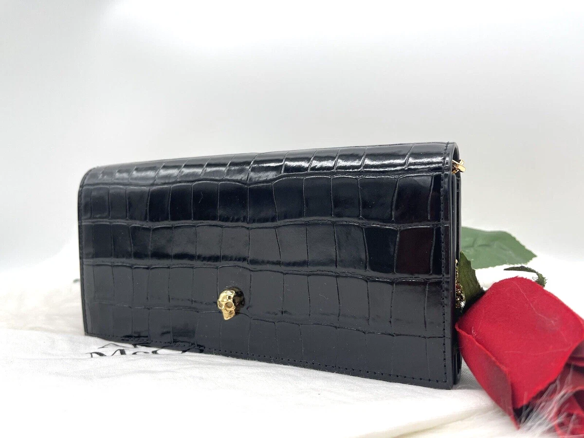 AUTH NWT Alexander McQueen SKULL Croc Embossed Leather Wallet On Chain In  BLACK | eBay