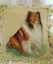 14" Vintage Needlepoint Dog Pillow Cover Collie Portrait Design Decor