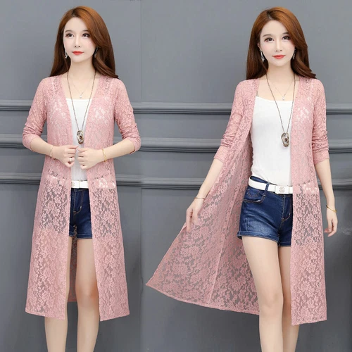 Women Lace Kimono Cardigan Sheer Floral Midi Shawl Jacket Open Front Robe - Picture 11 of 21