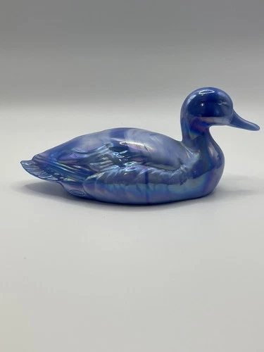 Vintage Fenton Blue Orange White Iridescent Slag Glass Mallard Duck Figurine EUC