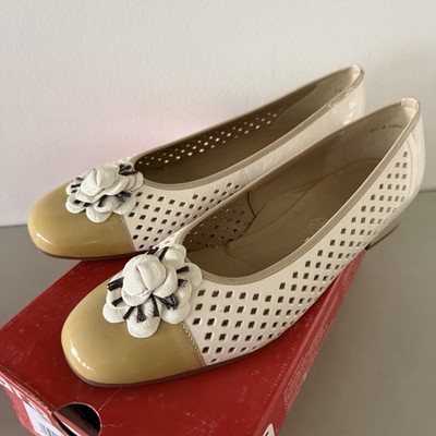 Ara Womens Blossom Flats Womens 11 Flower Slip On Pumps White Tan Leather New