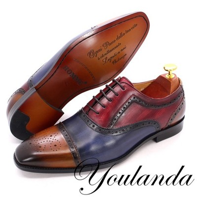 Men's Leather Brogue Carved Oxfords Color-blocked Business Casual Formal Shoes