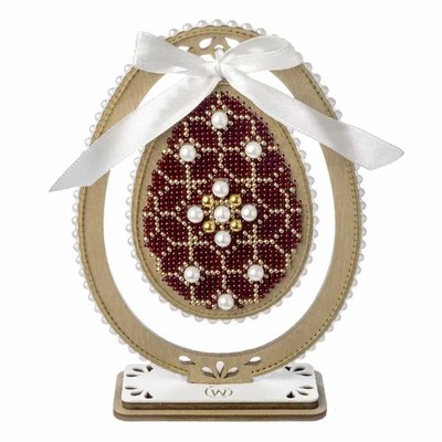 DIY Bead Embroidery Kit on Wood    Easter Egg   Ruby Red & Gold Ornament 
