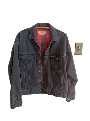 Vintage 1980s Levis Jacket Mens M Black Denim Red Buffalo Plaid Lined Type 3 USA