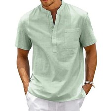Cotton Linen Shirt Men Henley Neck Pocket Casual Beach Short Sleeve Solid Color 