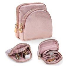 Small Travel Jewelry Case Set 2-in-1 Detachable Velvet Pouches, Blush Pink