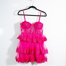 Lulus Exquisite Drama Hot Pink Embroidered Sequin Tiered Ruffle Mini Dress Small