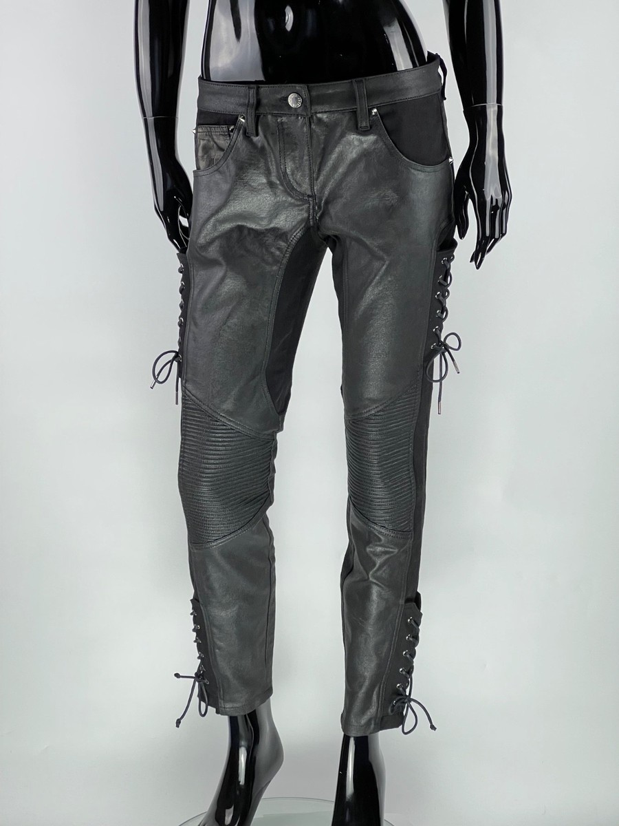 Roberto Cavalli Lace Up Leather Pockets Croco Print Waxed Pants