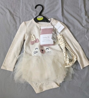 Tu Baby Mädchen weiße Katze Tutu Set: Kleid, 2x Strumpfhose & Stirnband 9-12 Monate neu Etikett