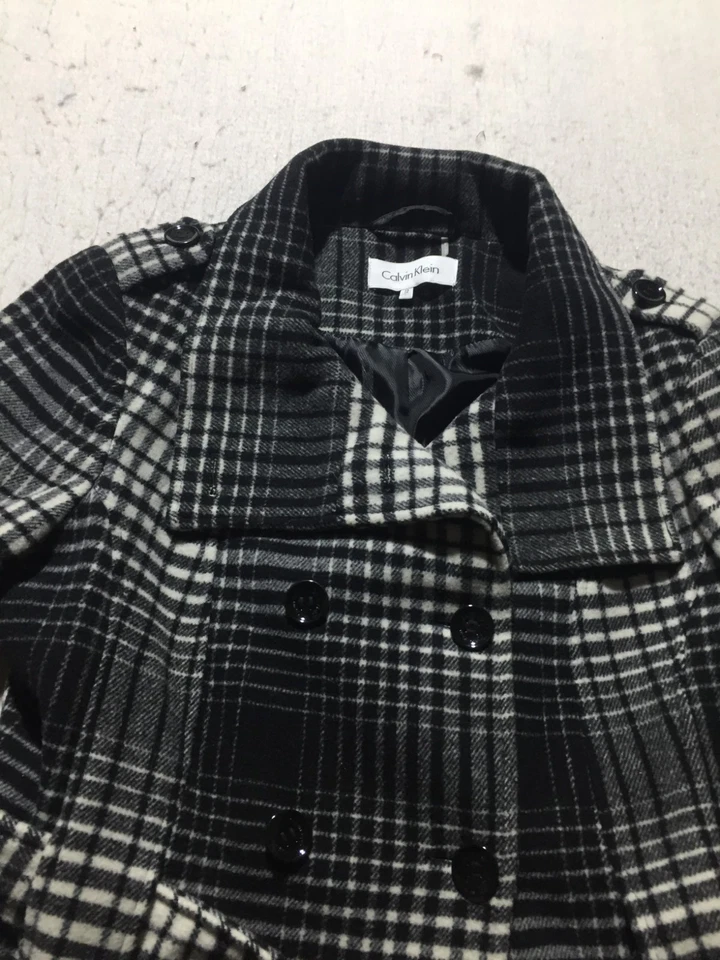 Calvin Klein Wool Coat Womens 12 Black White Plaid Long Sleeve Tie Belt Pocket - Image 2 of 4