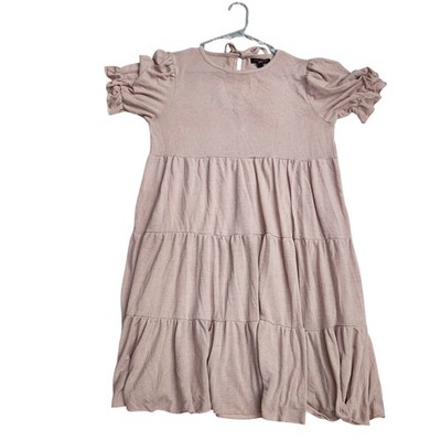 QED London Mauve Pink Tiered Babydoll Knit Dress Short Puff Sleeve XS/S Coquette
