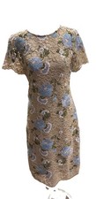 Calvin Klein Sheath Lace Dress Blue Beige Floral wedding classy midi size 8