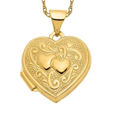 14K Solid Yellow Gold Double Heart Photo Locket Necklace