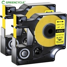2 PK for DYMO Rhino 4200 18052 Heat-Shrink Tube Black on Yellow Label Tape 1/4"
