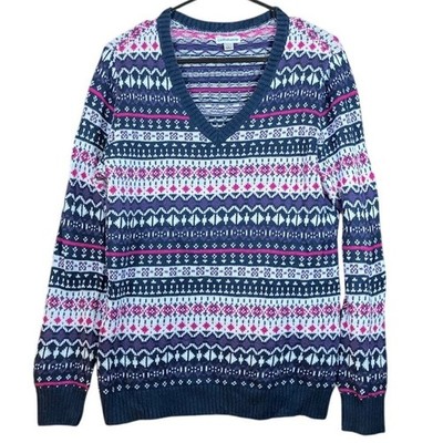 Croft & Barrow Womens Sweater Multicolored V Neck Fair Isle Cotton Blend Large 