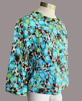 RUBY Rd Size 10 Jacket Unlined Teal Blue Green Brown Beaded Snap Front Colorful