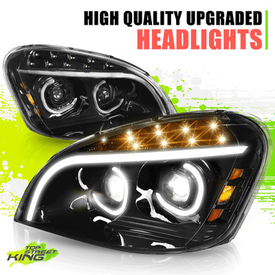 Full LED 3D Light Bar C-Halo Projectors Headlights for Cascadia 08-17 Black L+R