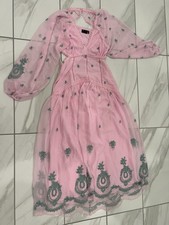 ASOS DESIGN Pink Green Embroidered Chiffon Midi Dress Floral V-Neck Size UK 16