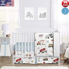 Construction Truck Baby Nursery Bedding Set 4pcs Diaper Stacker Microfiber Denim