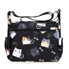 Ladies Cat Print Crossbody Shoulder Bag Black Cute Cat Handbag Adjustable Strap