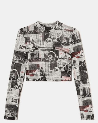 Unbranded Newspaper Print Mesh Shirt Womens Top Y2K | Jean Paul Gaultier Style