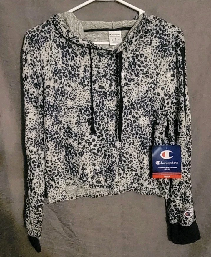 Champion Crop Sleep Blue/Grey Leopard Animal Print Pullover Hoodie NWT Size M