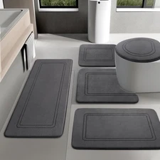 5-Piece Dark Grey Memory Foam Bath Mat Set, Absorbent & Non-Slip