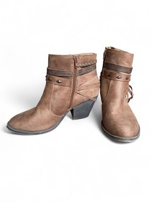 Pop Declare Brown Chunky Heel Ankle Boots 9.5 Western Stud Braid Tassel Boho