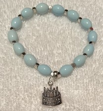 "Happy Birthday" charm Bracelet w/Light blue beads  Silver cubes NEW Handmade