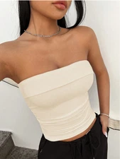 EZwear Ladies' Solid Color Knitted Strapless Crop Top For Summer Sz XS S M L