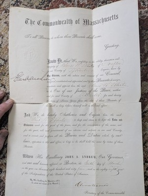 1864 Signed. Justice Of peace Assignment..Governor John Andrew 3-11-1864