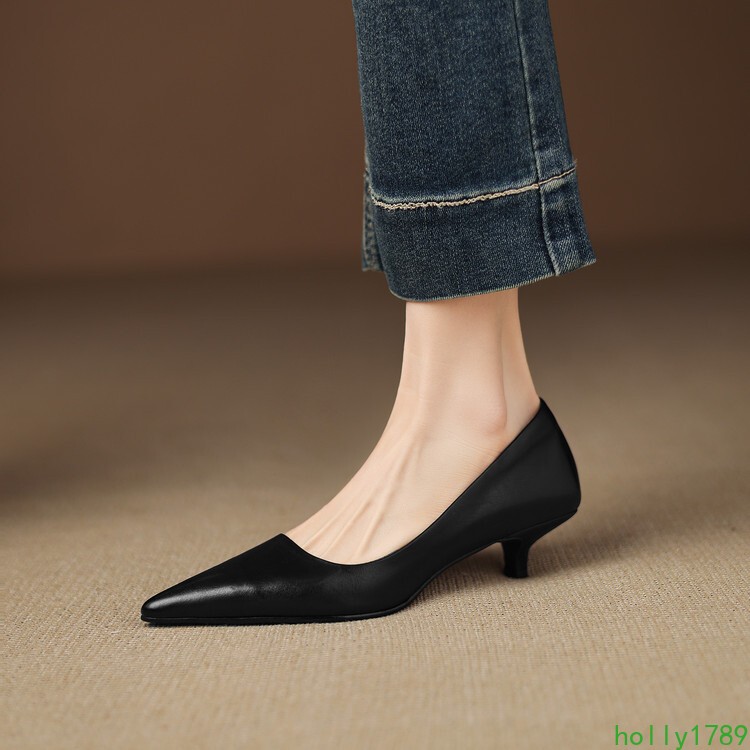 Womens Real Leather Pointed Toe Mid kitten Heel Pumps Slip On OL party shoes