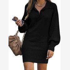 Women's V Neck Knitted Jumper Dress Pullover Long Sleeve Baggy Dresses PLUS SIZE