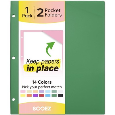 Sooez 2-Pocket Folders, Plastic Folders with Pockets 3 Hole Punched, 1 Pack